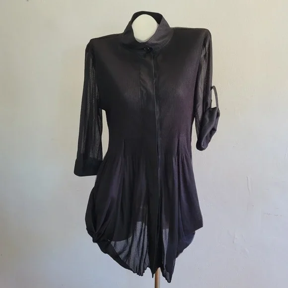 Lindi Tunic Top Black Mixed Media Button Up 3/4 Roll Tab Sleeve Flowy Lagenlook - Picture 1 of 12